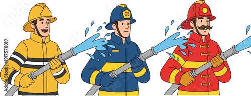 Cartoon firefighters in yellow, blue and red uniforms holding water hose spraying water, emergency rescue team characters isolated on white background illustration
