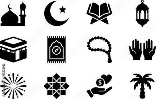 Symbols and icons representing various aspects of islamic culture and faith Vector