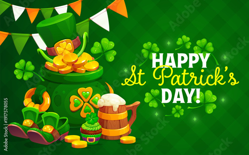 Happy St Patrick's day holiday banner or poster. Ireland holiday vector banner, Saint Patrick celebration greeting card with leprechaun gold cauldron, green hat and shoes, beer or ale, clover leaf