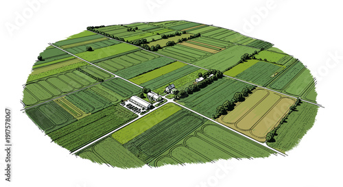 Lush farmland patchwork with fields and roads in circular view