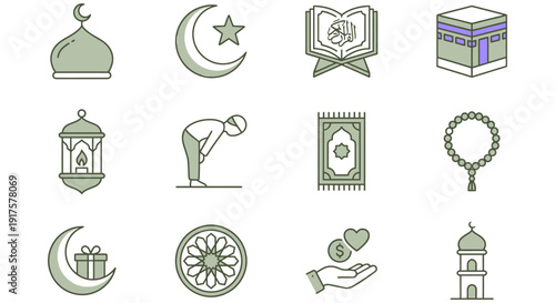 Iconographic symbols representing various aspects of islamic culture and heritage Vector