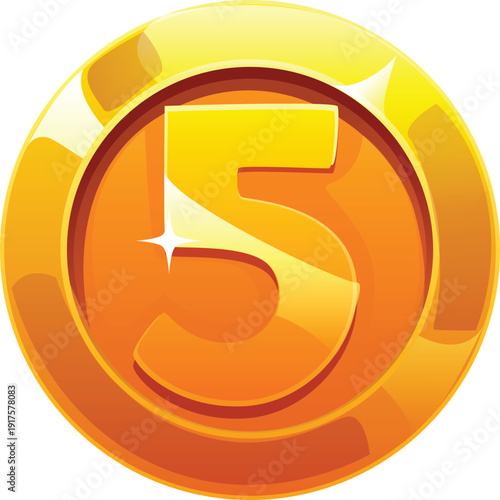 Pirate font or Caribbean corsairs typeface number, cartoon vector piracy type. Treasure gold money or golden coin in shape of number 5 Five for pirate font numeral or corsairs typeface typography