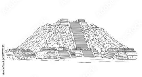 Ancient mesoamerican pyramid linear drawing reflecting historical architecture