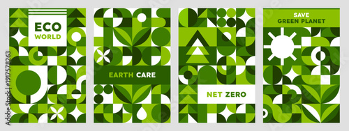 Environment ecology posters with geometric green Bauhaus pattern. Ecology saving vector flyer, nature pollution Bauhaus forms banner. Earth protection abstract shapes card or environment day poster