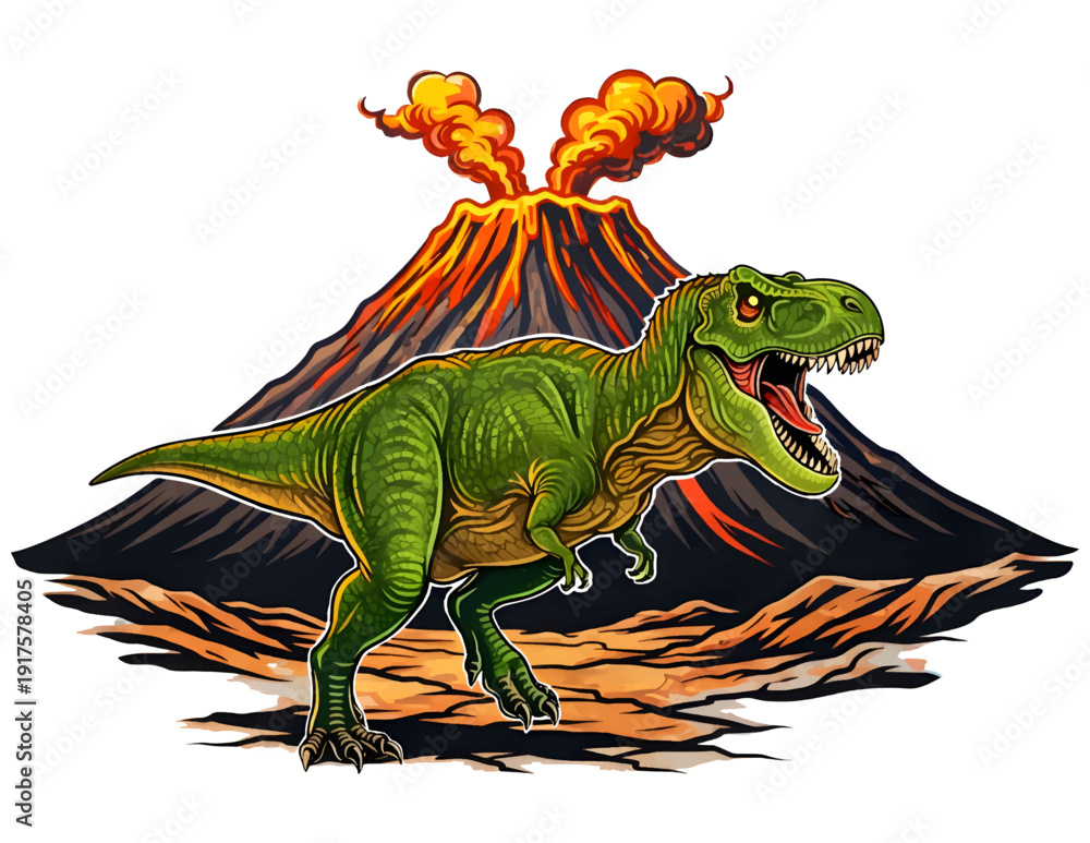 Fototapeta premium Epic T-Rex and Exploding Volcano Dinosaur Art