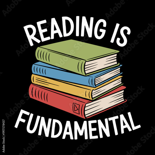 A stack of three books is depicted with the phrase 'Reading is Fundamental' above and below them..