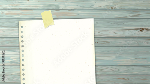 Old notepaper with stains effect stick on cut timber panels turquoise blue colores distressed weathered background have blank space.