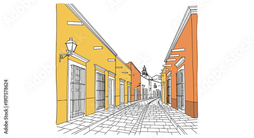 Colorful street scene in a historic town with traditional architecture and cobblestone path