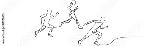 Continuous line drawing of group of people running a marathon race.