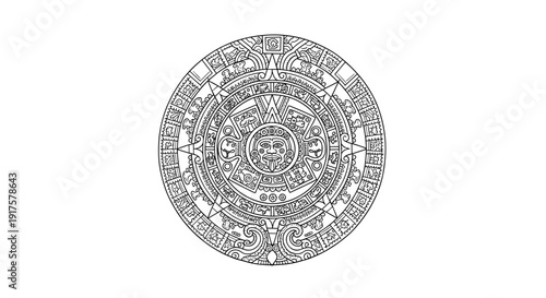 Intricate aztec calendar design in monochrome linear style with detailed symbols