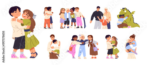 Cute children hug together set. Happy kids cuddle with friends and families. Little girls and boys embrace with parents, sisters, and brothers. Flat isolated vector illustrations on white background