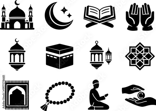 Iconic symbols and elements representing islamic culture and religious practices Vector