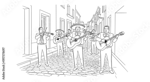 Mariachi band performing in a charming street scene outline drawing
