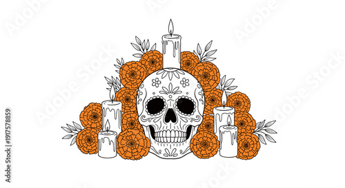 Decorative skull with marigold flowers and candles in day of the dead art style