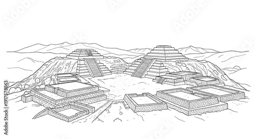 Ancient pyramid structures in mountain landscape line art style