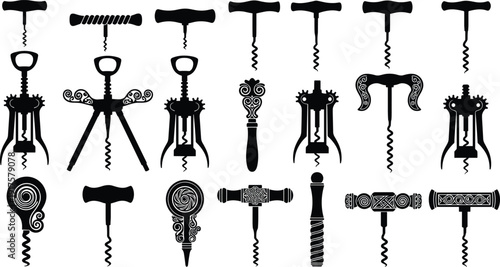 Collection of vintage corkscrew silhouettes and ornate wine bottle openers in black isolated on white background, classic bar tools vector illustration set
