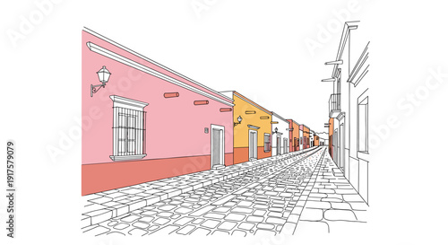 Charming urban street with colorful houses and cobblestone path in linear style