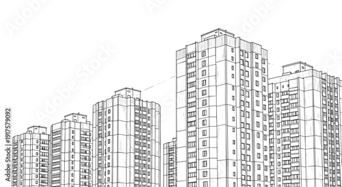 High-rise urban buildings in linear style with detailed architectural design