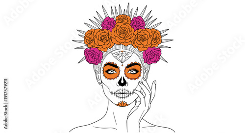Day of the dead skeleton with floral crown and intricate face paint design