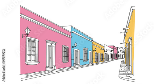 Colorful colonial street with pastel row houses on a bright day