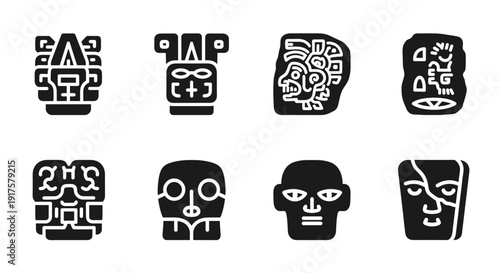 Ancient iconography: set of eight mesoamerican mask symbols in bold linear design