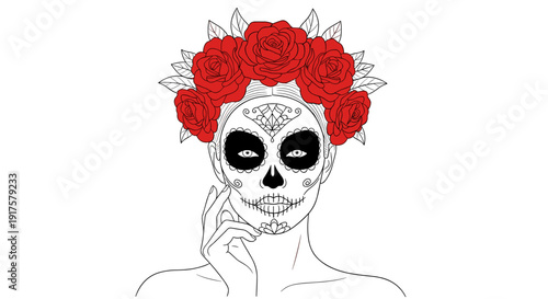 Day of the dead female skull with floral headband in black and white design