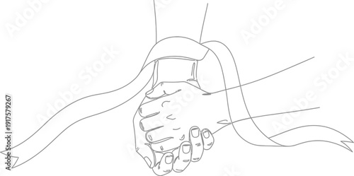 Minimalist single line drawing depicts two hands firmly clasped together intertwined with a flowing celebratory ribbon banner element.