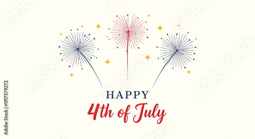 Patriotic 4th of July fireworks icon with Happy 4th of July text, vector celebration symbol.