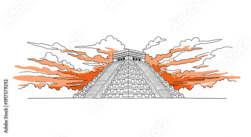 Chichen itza pyramid with dramatic cloudscape and vibrant sky in line art style