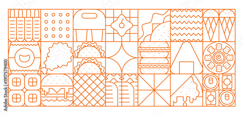 Fast food geometric abstract Bauhaus pattern. Street food cafe abstract vector pattern, fast food menu Bauhaus pattern with with burger, ice cream, pizza, kebab, sushi and fries, soda, dumpling meals