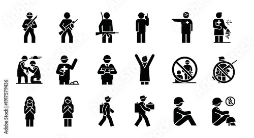 Minimalist black silhouette icon collection featuring twelve abstract human representations related to conflict and war themes. The icons focus on symbolism, emotion, and human roles rather 