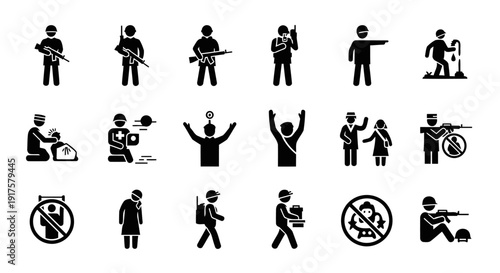 A unique set of twelve black silhouette icons portraying people in war-related roles using a symbolic and non-violent approach. Each icon represents a different human moment such as guarding