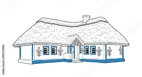 Charming traditional cottage with thatched roof in line art style