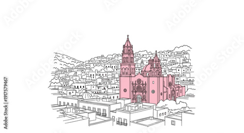 Charming pink cathedral in an isometric cityscape