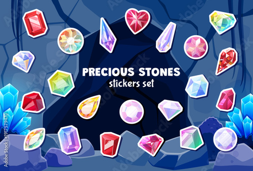 Cartoon gems and gemstones stickers pack. Jewelry precious ruby gem vector tag, treasure shinny sapphire crystal label. Magic emerald gemstone sticker or diamond minerals patch