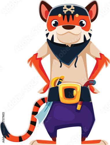 Cartoon tiger animal pirate crew character. Isolated vector confident corsair personage standing proudly with a sword in belt and hands on hips, wearing bandana and evokes adventure and heroic spirit