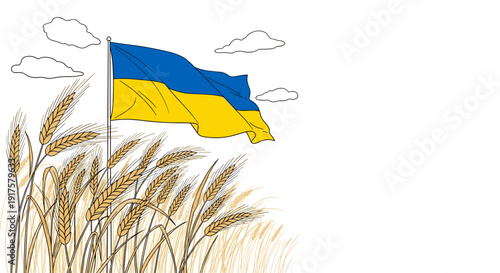 Ukrainian flag and wheat field in minimalist line art style with blue and yellow colors