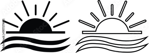 A black and white vector icon set depicting a sunrise or sunset over ocean waves, with solid and outline versions.