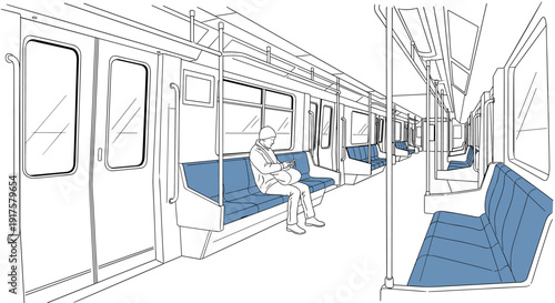Minimalist line drawing of empty subway interior with seated passenger