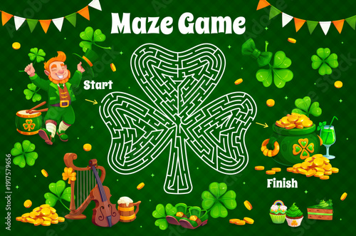 Labyrinth maze game with St Patrick's day leprechaun and pot with golden coins. Search path vector maze worksheet, find way quiz. Saint Patrick labyrinth riddle with sweets and shamrock clovers