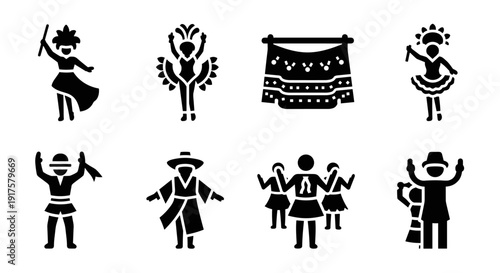Diverse folk dance icons celebrating global culture in bold silhouette designs