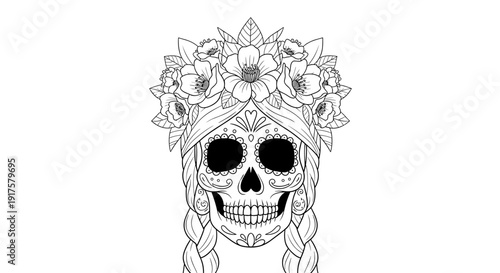 Floral calavera with braids and intricate patterns for day of the dead
