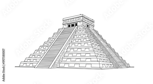 Linear outline of step pyramid with detailed staircase and architectural features