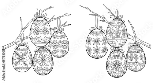 Intricate floral easter eggs hanging on branches for coloring pages