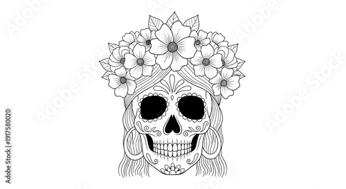 Intricate day of the dead sugar skull with floral crown in black and white line art