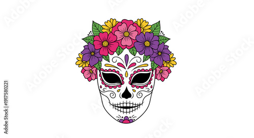 Colorful floral sugar skull design for day of the dead celebrations
