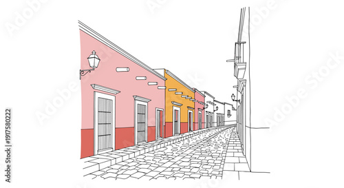 Colorful colonial street with cobblestone path and historic architecture