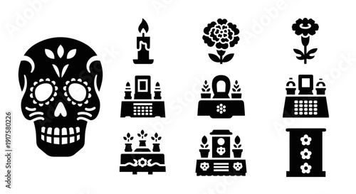 Dia de los muertos icons: bold skull and floral altar elements in black silhouette