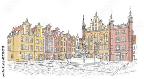 Historic european square with colorful buildings and fountain in line art style