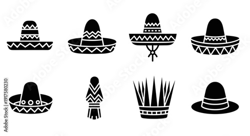 Black and white sombrero collection: traditional hat silhouettes with decorative patterns